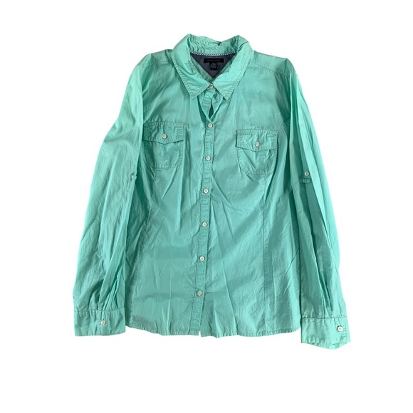 Tommy Hilfiger Tops - Tommy Hilfiger Shirt Womens 2XL Aqua Blue Long Sleeve Button Up Pocket Cotton